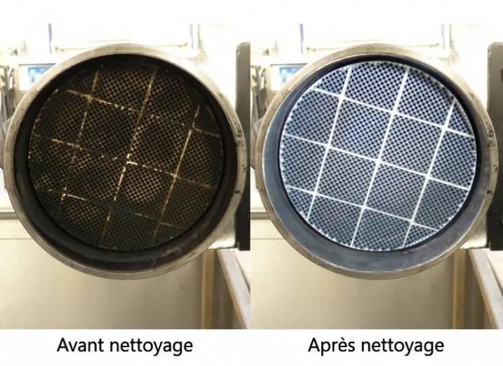 Photo de 2 filtres à particules : 1 sale et l'autre nettoyé par nos soins